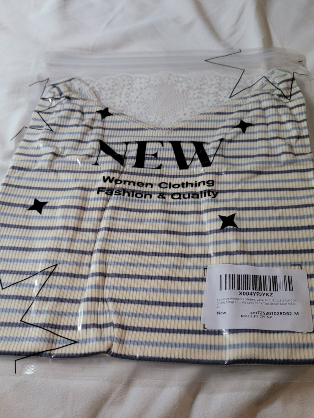 WT Dusty Blue Striped Lace Trim Ribbed Tank Top Cami | M